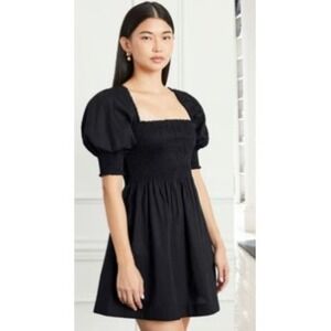 Hill House Nap Dress Black Smocked Puff Sleeve‎ Tiered Mini Dress Size S